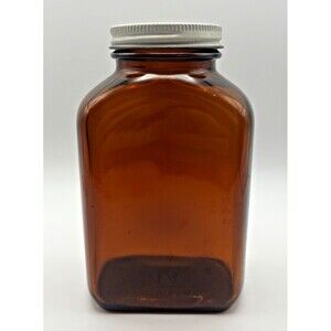 Vintage Rectangle Amber Bottle with Lid 6.5 inches tall
